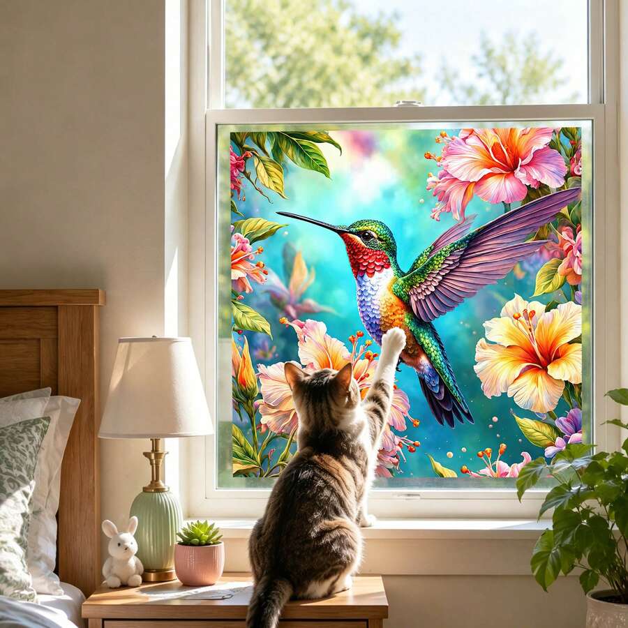 1pc Hummingbird & Hibiscus Static Cling Window Sticker, Colorful Floral Bird Decorative Window Film, Glue-Free Privacy Sunshade Window Sticker, Suitable For Bedroom, Kitchen, Bathroom Home Decor - Hummingbird Window Decal - View 1