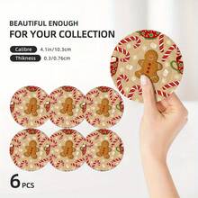 6pcs Christmas Themed Wooden Coaster Set, Classic Gingerbread Man Design Creates Holiday Atmosphere – Suitable For Restaurant, Living Room Or Tea Time Gathering – 10cm_3.9in, Tea Party Essential - Multicolor - View 6