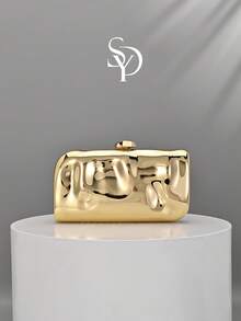 Clutch metálico texturizado con forma de caja retro, diseño asimétrico, cierre de presión, adecuado para fiestas, bodas, graduaciones, eventos nocturnos - Dorado - Ver 1