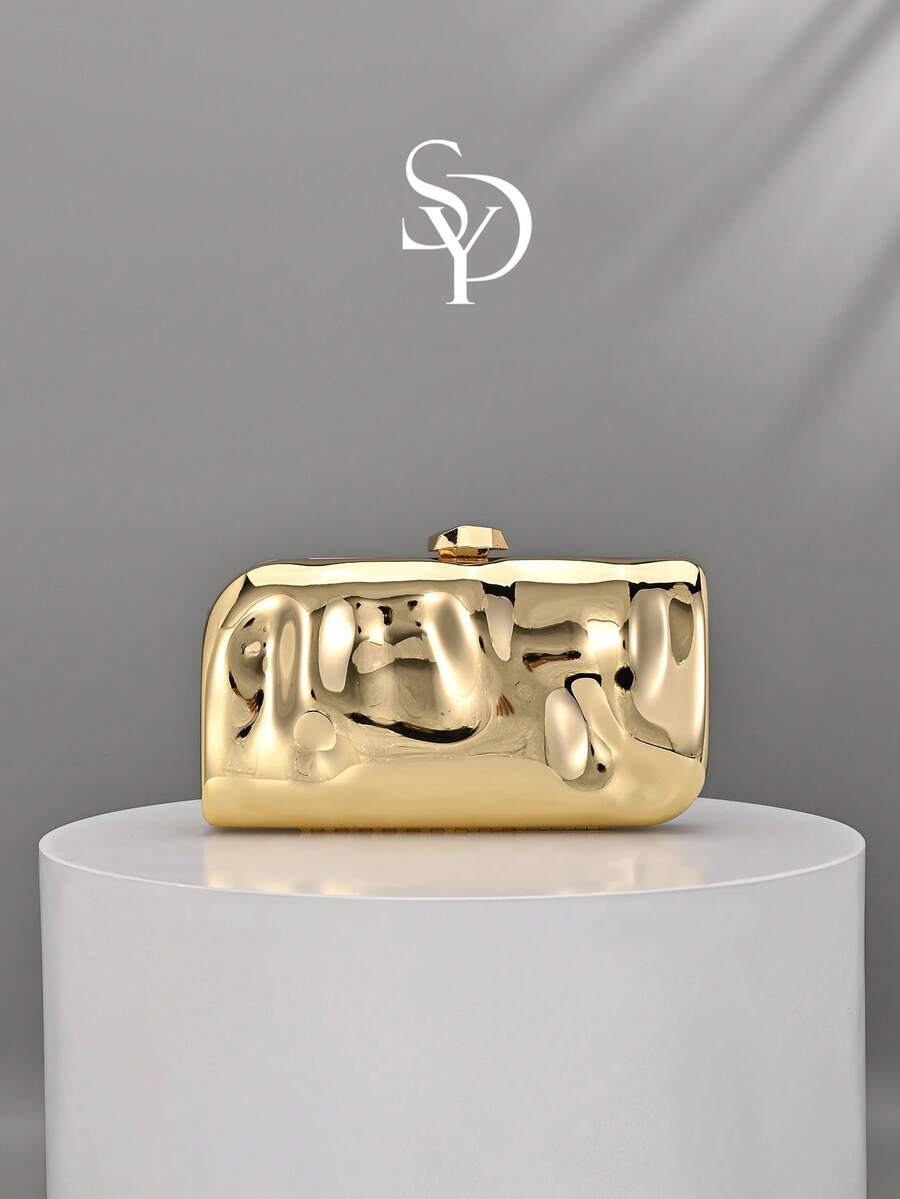 Clutch metálico texturizado con forma de caja retro, diseño asimétrico, cierre de presión, adecuado para fiestas, bodas, graduaciones, eventos nocturnos - Dorado - Ver 1