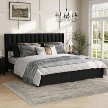 Beaully Queen/Full/King Size Velvet Upholstered Platform Bed Frame With Wingback Headboard & 2 Underbed Storage Drawers, Wooden Slat Support, No Box Spring Required, Easy Assembly Bedroom Bed Base - King Black - View 6