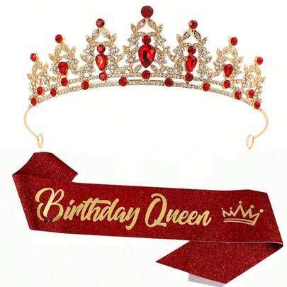 2pcs Crystal Birthday Queen Crown & Ribbon Set, Elegant Princess Crown With Comb And Sash For Women And Girls, Mom Birthday Hair Accessory, Happy Birthday Party Decoration, Back To School, Valentine's Day