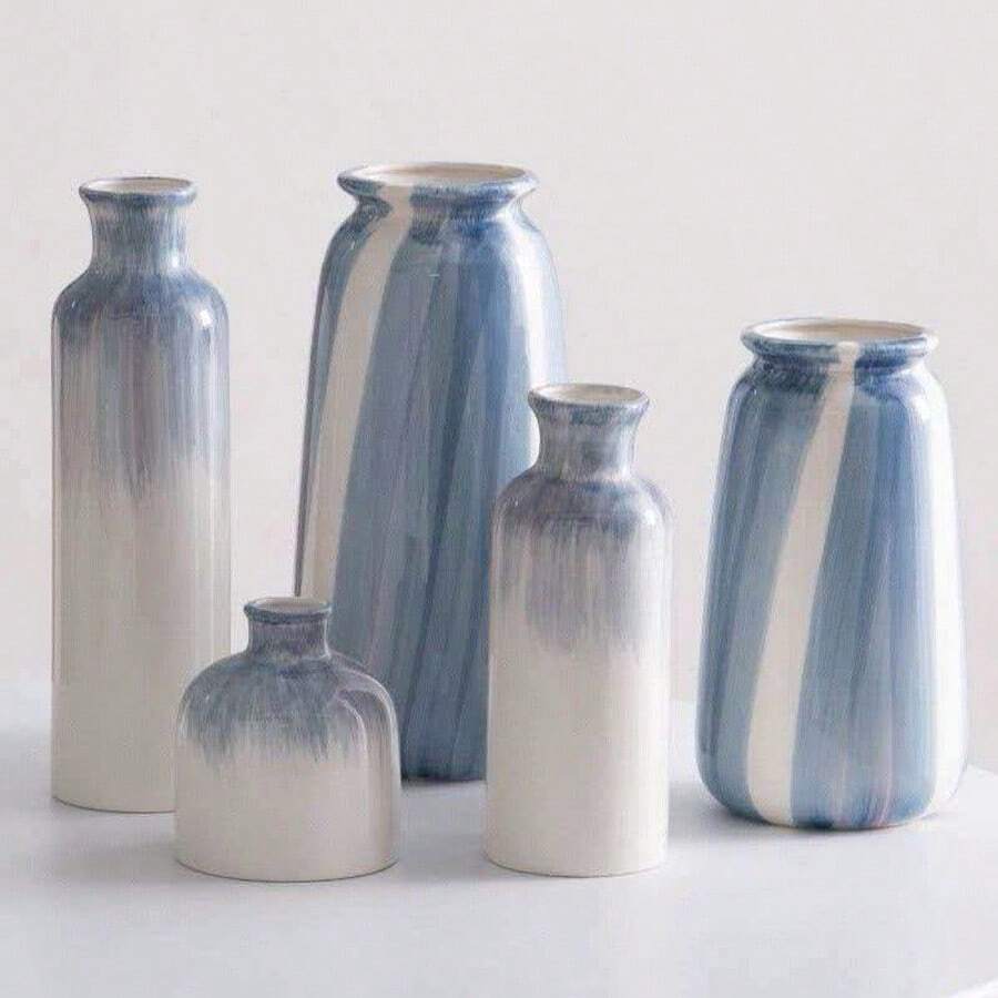 Shumen Hand-Painted Blue Minimalist Ins Style Ceramic Decorative Vase For Dried Flowers And Fresh Flowers, Living Room Floral Arrangement, Model Room Decor, 1pc - Vase - View 1