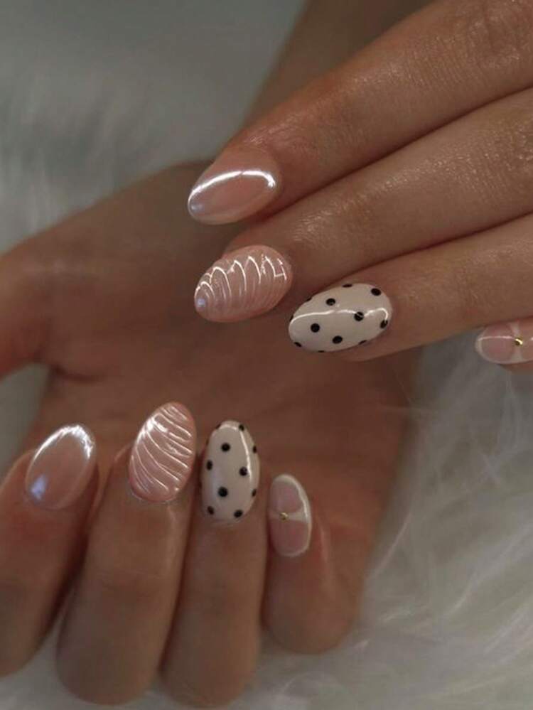 24pcs Short Oval 3D Gel Nail Art, Polka Dot Nail Design, French Acrylic Press-On Nails, Short Nail Set, Includes: 1pc Jelly Glue And 1pc Nail File, Short Nails And Summer Nails - Multicolor - View 8