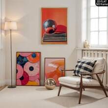 3-Piece Frameless Vintage Music Canvas Poster - Bright Pink And Orange Disco Ball Vinyl Record Wall Art Print, Bedroom Dorm Modern Minimalist Photo Wall Decor, Minimalist Academic Style Room Decoration, Holiday Decoration Gift. - 3pcs-orange-rimless - View 9