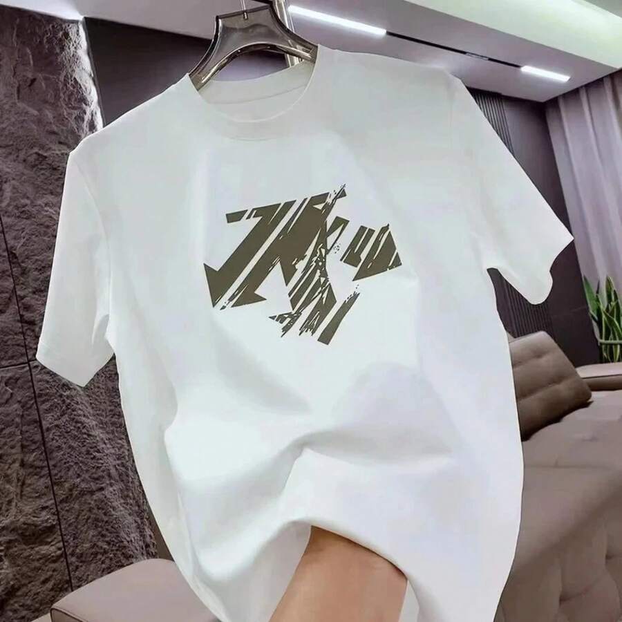 T-shirt grande taille 2026 été nouveau de marque en coton 100% lourd, col ras-du-cou, manches courtes, imprimé mode décontracté, Top polyvalent pour hommes - Blanc - Voir 1