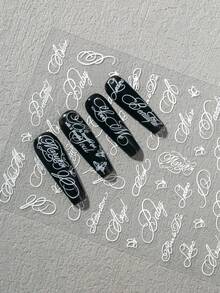 1pc Luxury Vintage Cursive English Nail Art Sticker, Featuring Cursive English Phrases And Minimalist Line Butterfly Decorative Elements, Suitable For Mature Commute, French Date, Evening Party, Wedding Dress Styling, Aesthetic Outfits, Etc., DIY Use For Career Women, Nail Art Enthusiasts, Press-On Nail Shop Owners, Wedding Nail Artists Nail Stickers - White - View 3