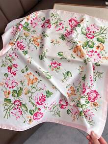 1pc 65*65cm White Base Colorful Mixed Rose Floral Print Satin Imitation Silk Scarf, Thin Multi-Use Scarf For Neck/Shawl/Waist, All Seasons Daily Party - Multicolor - View 12