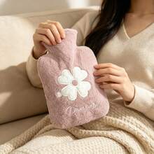 Botol Air Panas Mewah Warna Pink 1000ml, Penghangat Tangan Isi Ulang Tanpa Daya dengan Bordir Hati dan Daun Semanggi - Lapisan dalam + lengan bulu - View 5