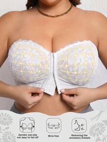 Bra Tanpa Tali dengan Penutup Depan Renda Bunga untuk Wanita Ukuran Plus, Nyaman & Bernapas, Dukungan Samping Push-Up, Pengait Multi-Baris, Tali Transparan yang Dapat Dilepas - Putih - View 4