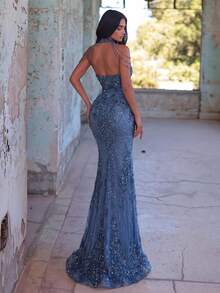 Women's Strapless Sequin Evening Gown, Slim Fit, With Shoulder Chain Wedding Party Fall - Dusty Blue - View 1