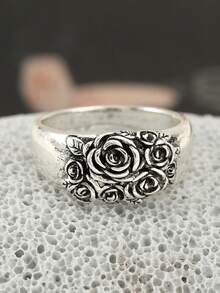 1pc Vintage Antique Silver Embossed Rose Wide Band Ring, Retro Floral Carved Finger Jewelry For Men - Vintage Flower Ring - View 3