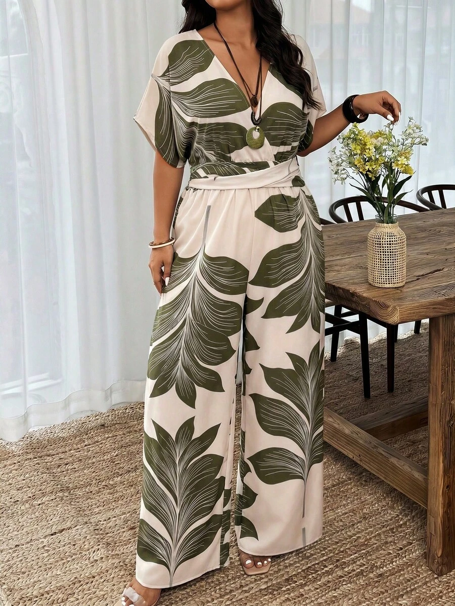 Weeklong Pantalones de pierna recta con cintura ceñida, estampado floral de unicolor, adecuados para uso diario y vacaciones, talla grande para mujeres con cuello en V - Multicolor - Ver 1