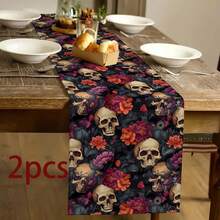 1 pièce Chemin de table style gothique avec motif de crâne et floral, style moderne, décoration de cuisine à la maison, fournitures de fête intérieur/extérieur, convient pour la décoration quotidienne de la cuisine à la maison et la décoration d'événements, décoration d'Halloween. - Multicolore - Voir 10