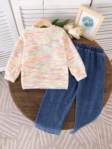 Conjunto de 2 piezas de top con diseño 3D de fresa linda y pantalones de mezclilla para niñas, para primavera/otoño - Rosa - Ver 2