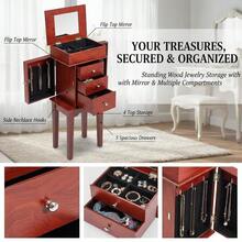 Standing Jewelry Chest 10.6" X 8.5" X 33.8" For Bedroom Dressing Room Living Room, Flip Top Mirror 3 Drawers, 4 Storage Compartments Zinc Alloy Handles 6 Necklace Hooks Wood Grain Finish 2 Side Doors-XY212648 - Multicolor - View 6
