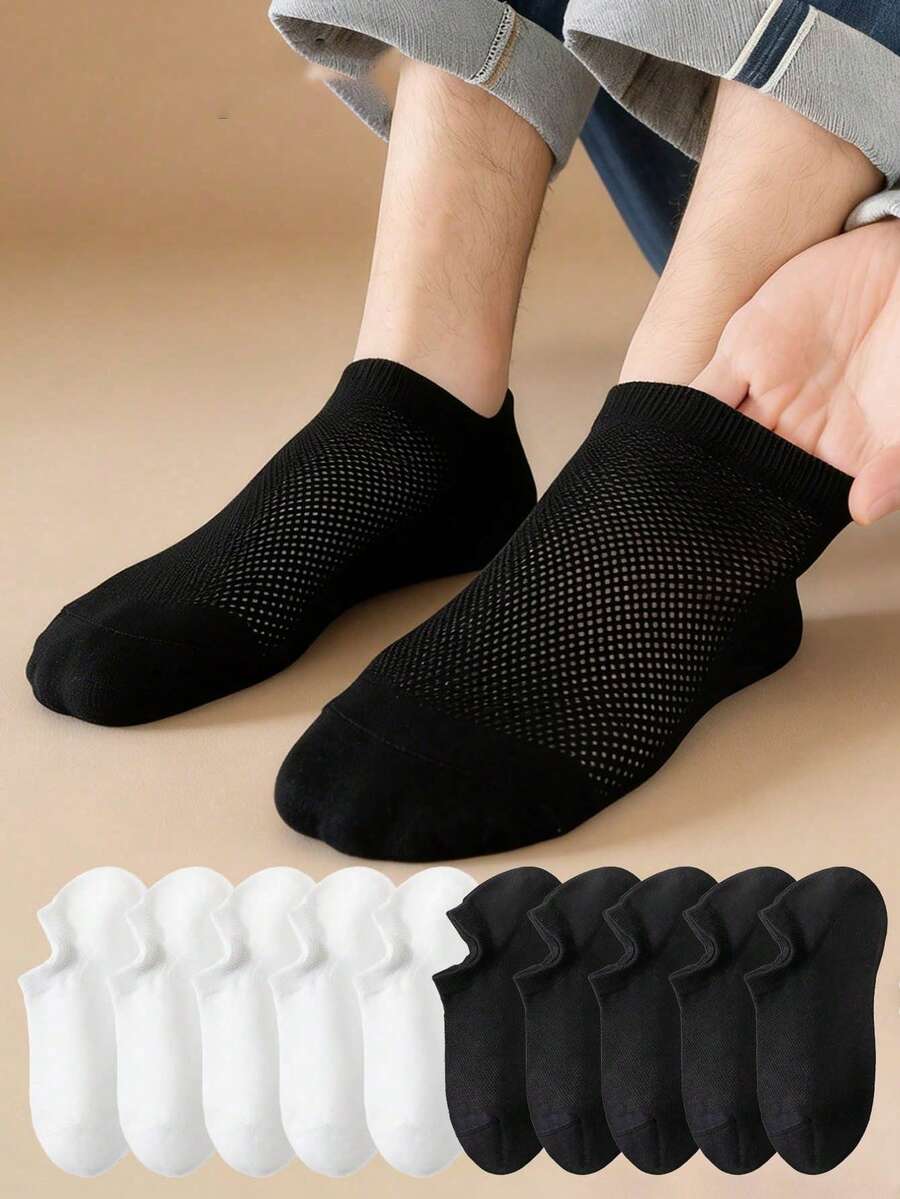 6/12 Pairs Men's Black & White Solid Color Mesh Breathable Invisible Casual Socks, Suitable For All Seasons - Black and White - View 1