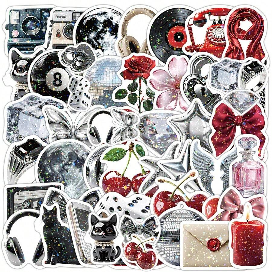 50 pièces Autocollants holographiques style Y2K, autocollants esthétiques de mode, autocollants décoratifs style Y2K, autocollants de mode vintage aquarelle INS pour bouteilles d'eau, planches à roulettes, bagages, ordinateurs portables, décalcomanies de voiture, fournitures de fête à thème - Rouge argenté - Voir 1
