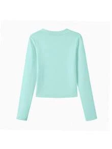 Mint Green Long Sleeve T-Shirt For Women, 2026 New Slim Fit Letter Print Design Short Base Layer Top Casual - Mint Green - View 7