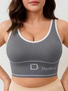 EssElegance Women's Plus Size Yoga Workout Sports Bra Medium-High Impact Shockproof Wireless Padded Seamless Racerback Non-Slip Running Top - Light Grey - View 5