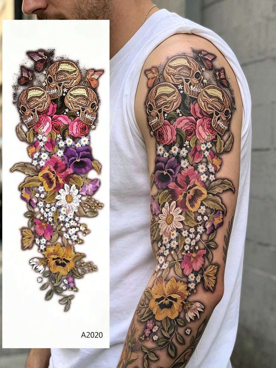 1件裝復古骷髏花卉蝴蝶全手臂臨時紋身貼紙,哥德暗黑風防水身體彩繪貼紙,適合萬聖節、音樂節、復古、波希米亞、哥德風穿搭 - 彩色 - 查看 1