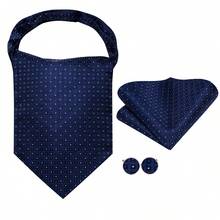 Navy Blue Tiny Square Texture Ascot Cravat, 3 Piece Coordinated Set Ideal For Office Work Includes Hanky Cufflinks - Blue - View 4