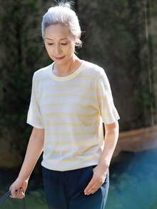 女款時尚黃色條紋針織上衣，柔軟圓領針織衫，適合萬聖節、感恩節、聖誕節假期穿搭 - 黃色 - 查看 3