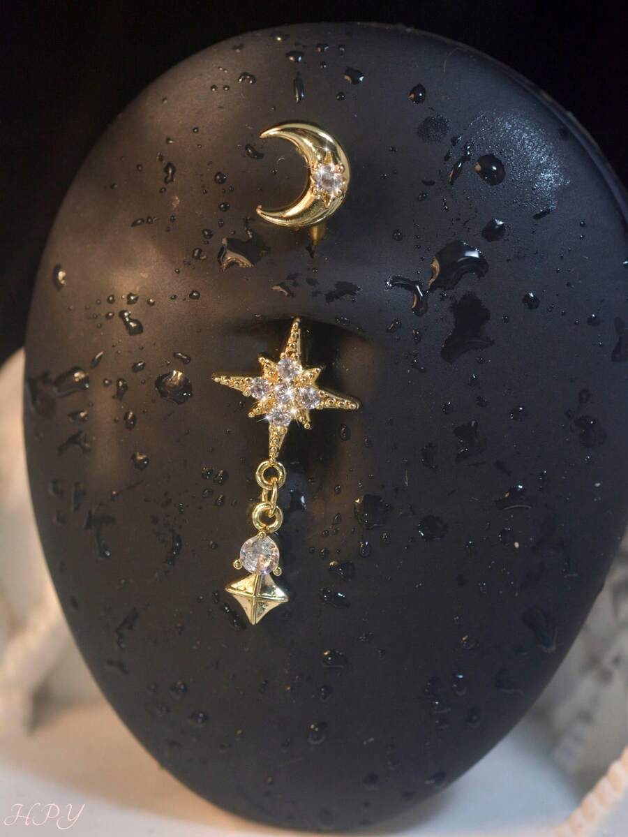 1Pc Stars Belly Button Piercing,Stainless Steel 316 Belly Piercings, Golden Moon Belly Button Rings, Inlaid Glitter Zirconia,Piercing Jewelry For Women, Daily Wear & Holiday Gift& Date& Party