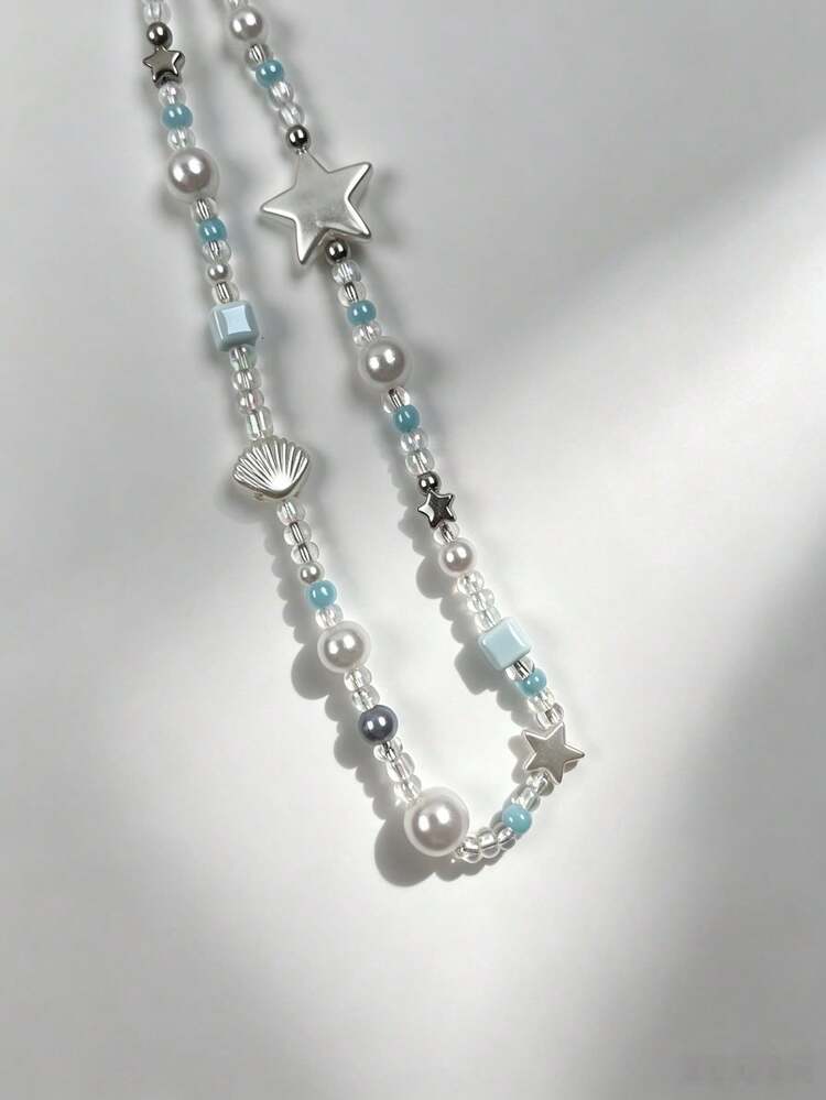 Handmade Ins Style Sea Salt Star Seashell Phone Lanyard Beaded DIY Camera Decoration, Fresh Aesthetic - Blue - View 5