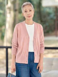 女款時尚粉色鈕扣針織開襟衫，舒適V領針織上衣，適合萬聖節、感恩節、聖誕節節日穿搭 - 粉色 - 查看 3