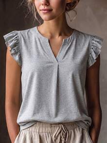 Elegaris 1pc Solid Color Knit Fabric Ruffle/Flounce Top, Casual Home Wear, Spring/Summer - Light Grey - View 2