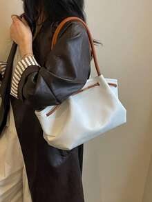 1件裝 女款時尚新款大容量單肩腋下包，扇形水桶包，純色PU漆皮亮面，扣環五金腰帶裝飾，極簡百搭，適合日常出遊、購物、約會、通勤等優雅場合 - 米色 - 查看 10