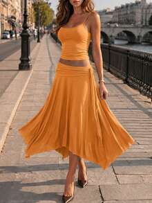 Women's Orange Elegant Spaghetti Strap Cropped Top + Asymmetric Hem Midi Skirt 2-Piece Set, Side Tie Design, Suitable For Summer/Autumn Vacation, Holiday, Graduation Party, 2 Piece Set Woman, Dress For Women, Vacation Outfit Women - Orange - View 5
