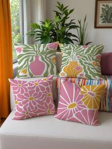 shangxia 4PCS-Ins Macaron Pink & Green Abstract Floral Print Pillow Covers, Minimalist Hand-Painted Vase & Daisy Color-Block Cushion Covers, Fresh Girl Pastoral Atmosphere Soft Decor Essential - (Pillow Insert Not Included) - (Printed) - (No Embroidery) - Multicolor - View 8
