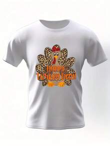 Men's Plus Size  Wrinkle T Shirt - Thanksgiving And Easter Themed Casual Crew Neck Shirt,Suitable For All Seasons,Machine Washable,Thanksgiving - 白色 - 查看 1