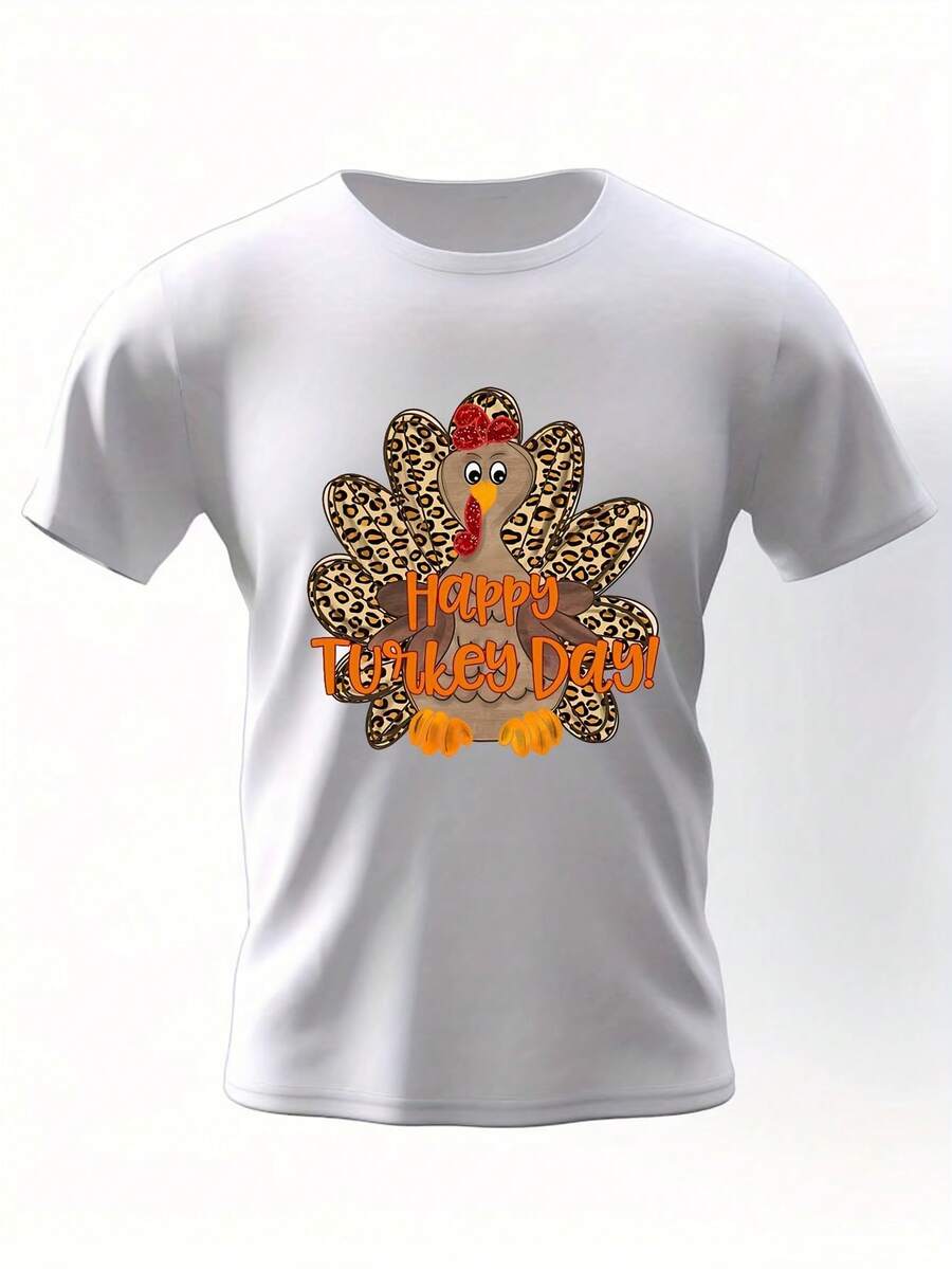 Men's Plus Size Wrinkle T Shirt - Thanksgiving And Easter Themed Casual Crew Neck Shirt,Suitable For All Seasons,Machine Washable,Thanksgiving - 白色 - 查看 1