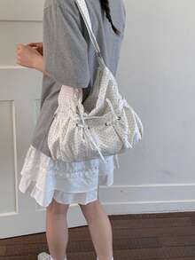 Bolso bandolera casual minimalista ligero con estampado de lunares para mujer, bolso tote de gran capacidad con múltiples bolsillos, adecuado para la escuela, compras, trabajo y viajes - Blanco - Ver 5
