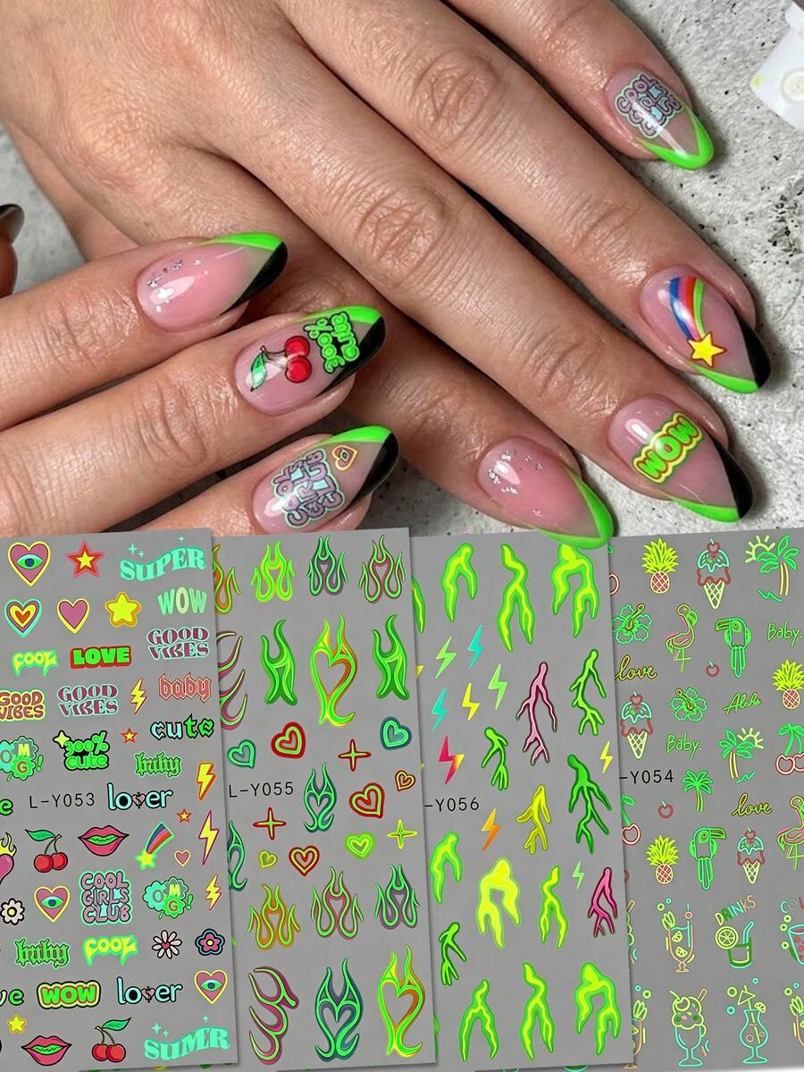 4 Peças Adesivos de Arte de Unhas Estilo Neon Y2K, com Padrões Vibrantes de Chama, Raio e Frutas Tropicais, Suprimentos Profissionais para Artista de Unhas, Adequado para Festivais de Música, Festas de Praia de Verão e Looks de Unhas da Moda Diária
