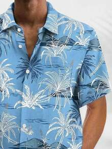 Hawaiian Coconut Tree Print Button-Down Short Sleeve Shirt, Plus Size Men - Baby Blue - View 4