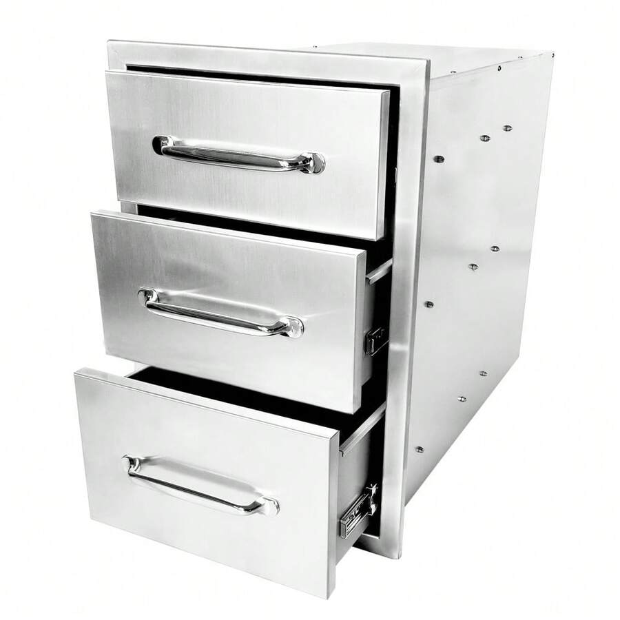 Outdoor Kitchen Drawers,Stainless Steel Triple Access BBQ Drawers With Chrome Handle,3-Layer Outdoor Kitchen Access Drawer,For Outdoor Kitchen Island,Patio Grill Station - plata - Ver 1