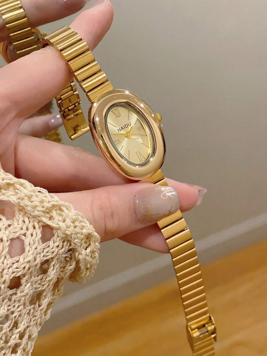 1pc Oval Bamboo Texture Strap Women's Watch, Gold Adjustable Strap, Elegant & Versatile Quartz Wristwatch, Suitable For Daily Wear, Daily Gift - Gold - View 1