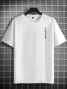 A Men's Short-Sleeved Shirt T Shirt,Polyester Fabric,Printed With English Patterns,Loose Design,Fashionable Casual Round-Neck Top,Spring And Summer Ou - 白色 - 查看 2