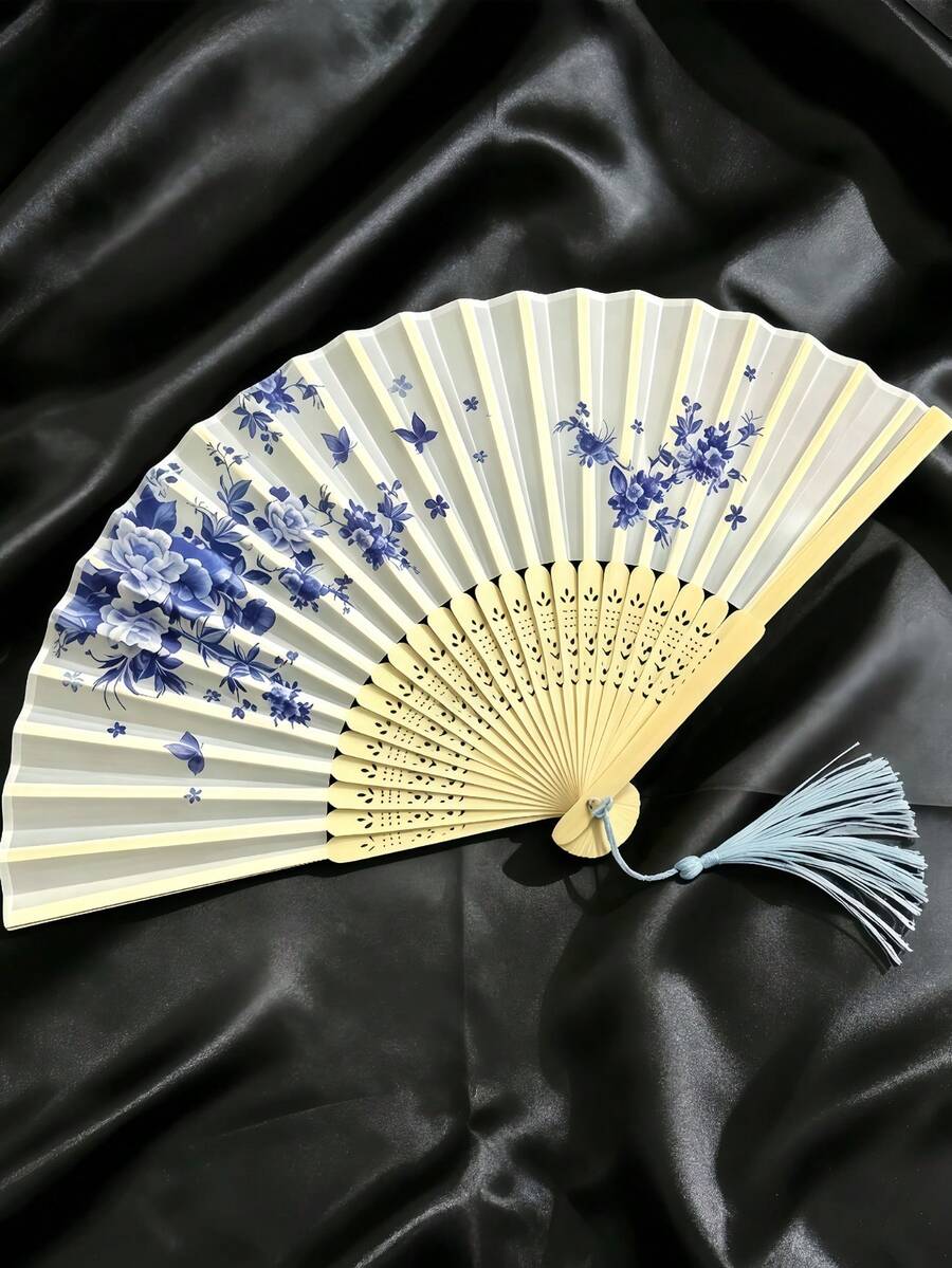 Vintage Folding Bamboo Fan, Dancing Fan, Decorated With Black Butterfly Tassels And Floral Patterns, Manual Operation, Fan, Summer, Summer Accessory, Summer Fan Blade, Festival - Multicolor - View 1