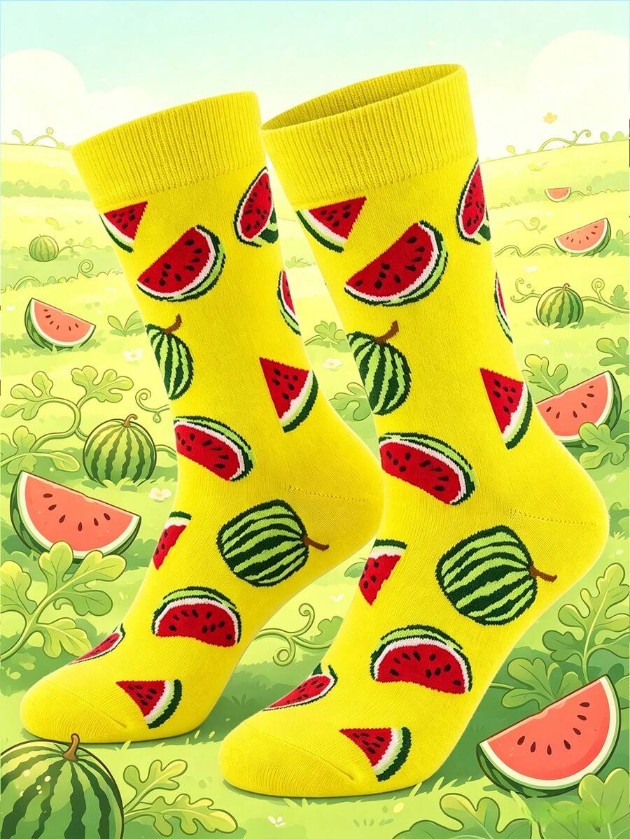 1 Pair Men Watermelon Crew Socks, Bright Yellow Watermelon Slice Motif, Cute Summer Fruit Pattern, Ideal Daily Outfit & Holiday Birthday Gift Socks - Multicolor - View 1