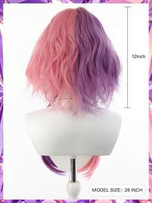 Short Pink And Purple Gradient Heat Resistant Synthetic Cosplay Wig For Anime Characters Halloween Role Play Party Layered Fluffy Style With Natural Curl Ends - Two-Tone - View 6