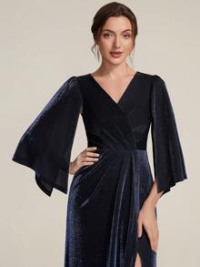 EVERPRETTY Elegant Floor-Length Cape Sleeve Straight Cut Navy Blue Evening Gown, Suitable For Party And Wedding - Navy Blue - View 3