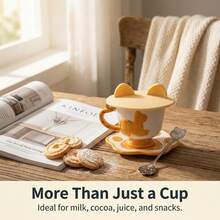 Hand Glazed Embossed Pattern Ceramic Coffee Mug Set Shaped Cup With Tail Handle Paw Print Coaster Silicone Lid Stainless Steel Spoon Novelty Kitchen Tabletop Drinkware - Yellow - View 10