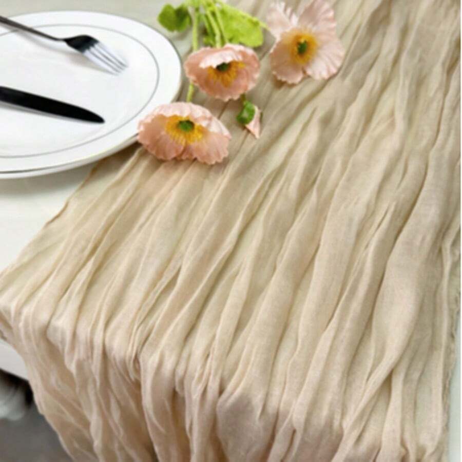 1pc Champagne Chiffon Table Cloth, Bohemian Sheer Tablecloth, Transparent Tulle Table Runner, Suitable For Wedding Bride Birthday Party Dining Table Decor