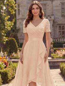 MIUSOL V-Neck Sequin Lace Patchwork Chiffon Ruffle Hem Elegant Ball Party Full Skirt, Suitable For Wedding Guests, Dinner Summer - Champagne - View 10