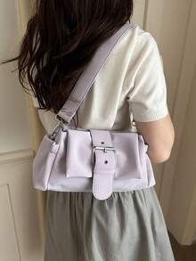 Bolso de hombro de moda dulce para dama, bolso de estilo coreano fresco para llevar bajo el brazo con remaches, hebilla, forma cuadrada, diseño plisado, gran capacidad - Púrpura malva - Ver 4